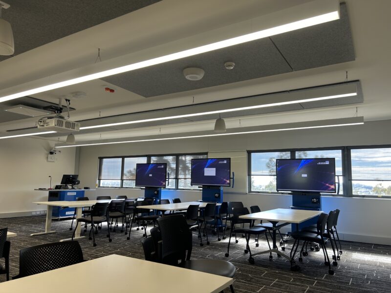Classroom with multiple display screens along windows and grouped tables.