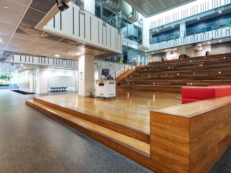 Timber amphitheatre steps and red seating in the multi-level atrium.