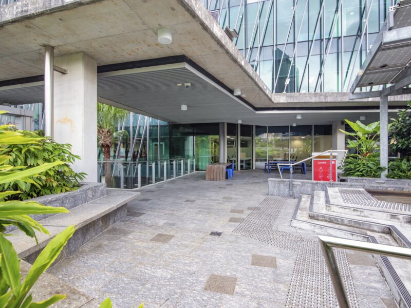 Covered external entry plaza with stone paving and tropical planting at P Block.
