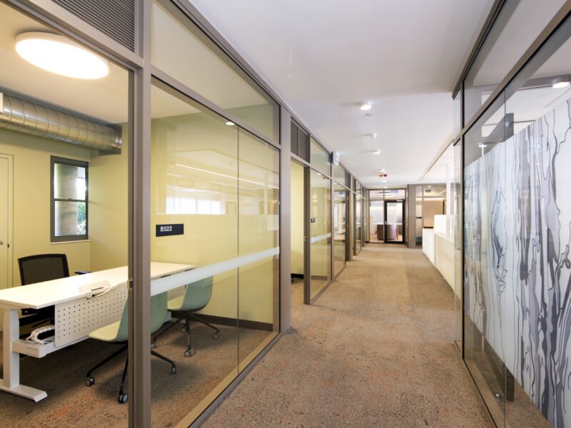 Corridor lined with glazed single offices and decorative graphic film on the opposite partition.