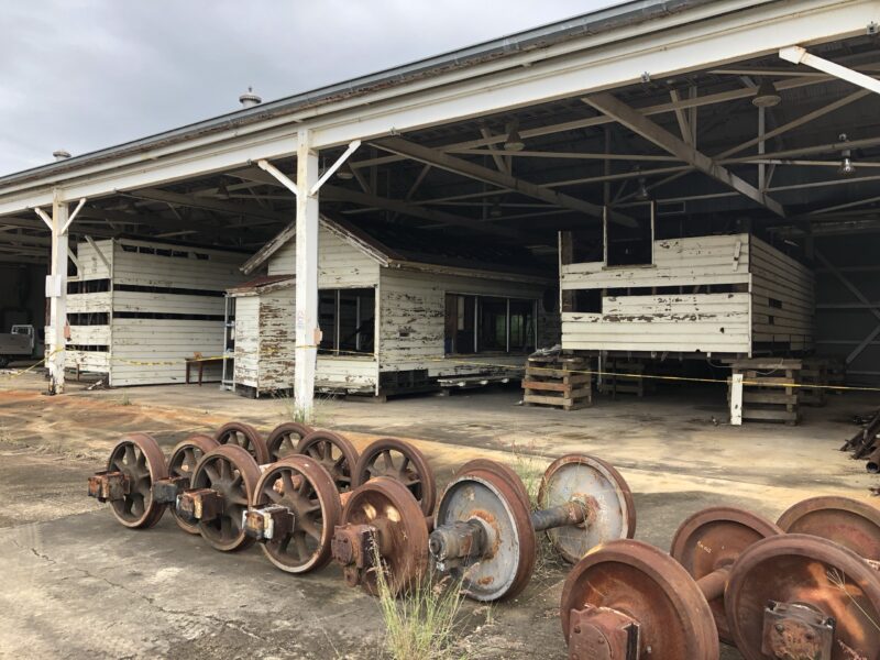 Cabin sections in storage at the Rail Workshops before reconstruction.