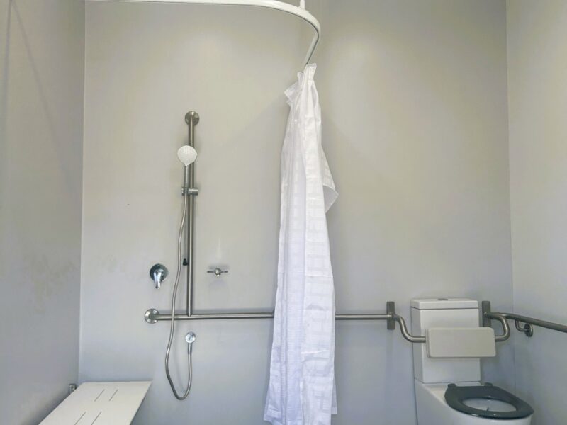 Accessible bathroom with shower, fold-down seat, grab rails and wall-hung toilet.